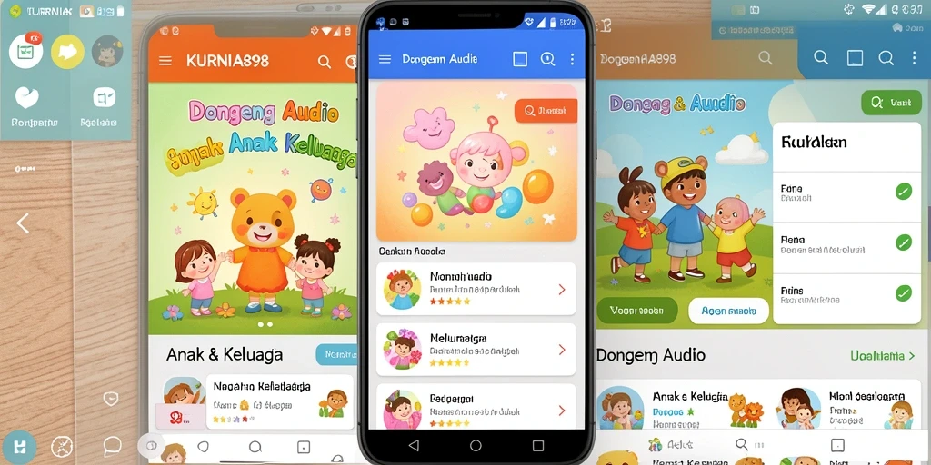 Antarmuka user-friendly aplikasi KURNIA898 untuk mendengarkan dongeng audio.